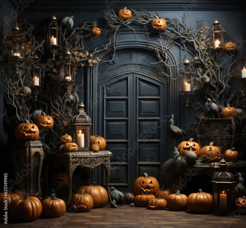 Halloween backdrop gloomy door with pumpkins decoration