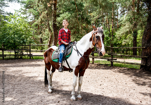 little handsome blonde smiling boy in red checkered shirt riding horse in green forest on sunny day 