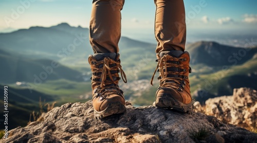 Female hiker legs with modern trekking and climbing boots on a rock in mountains. Generative AI