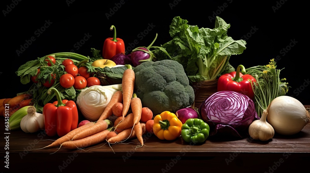 Freshly harvested vegetables on table. AI generative. Freshly harvested vegetables on table. AI generative.