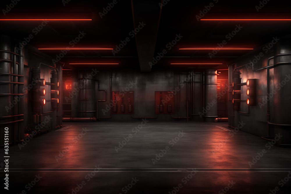 Illuminated futuristic empty warehouse, interior background