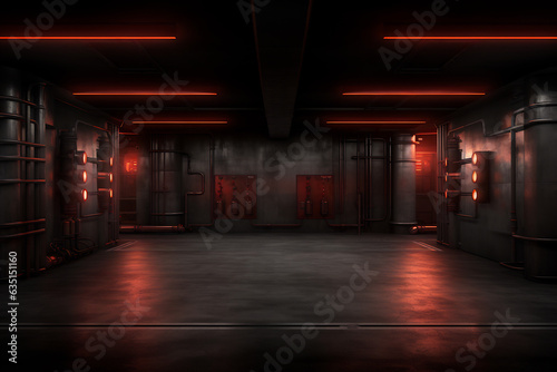 Illuminated futuristic empty warehouse, interior background
