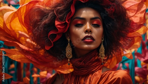 A stylish woman in a vibrant red dress and a bold orange hat
