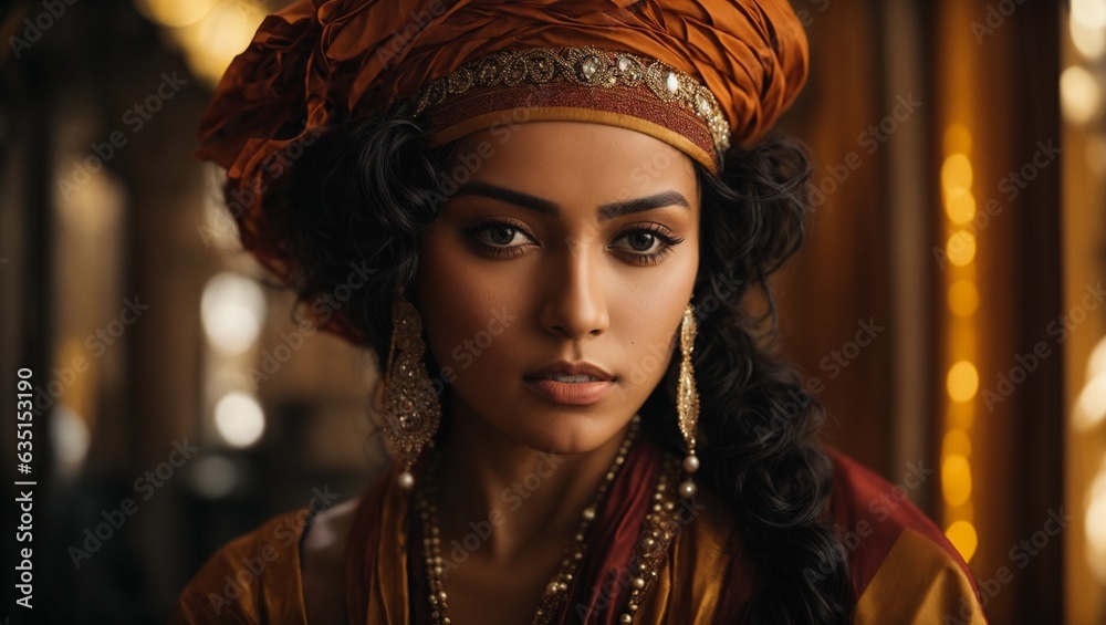 Fototapeta premium A woman with a turban standing in a hallway