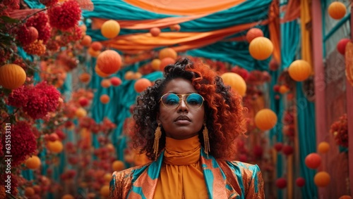 A woman with red hair and blue sunglasses