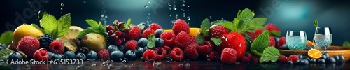 Healthy food diet freshness concept. Fresh multi fruits splashing clean water. Isolated dark background AI generated. © Czintos Ödön