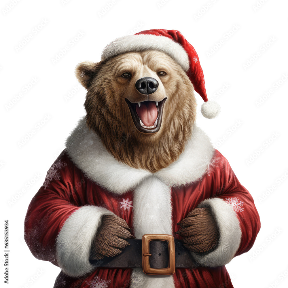 a Grizzly bear wearing a Santa Claus outfit in a Holiday-themed, photorealistic illustration in a PNG, cutout, and isolated. generative ai