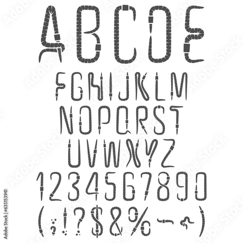 Alphabet, letters, numbers and signs from earthworms, worm. Isolated vector objects on white background.
