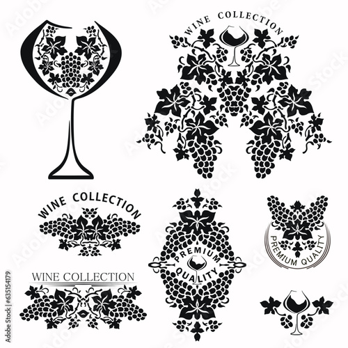 Collection of stencils with inscriptions for wine and winemaking. Black and white design template with grapes, vector clipart.