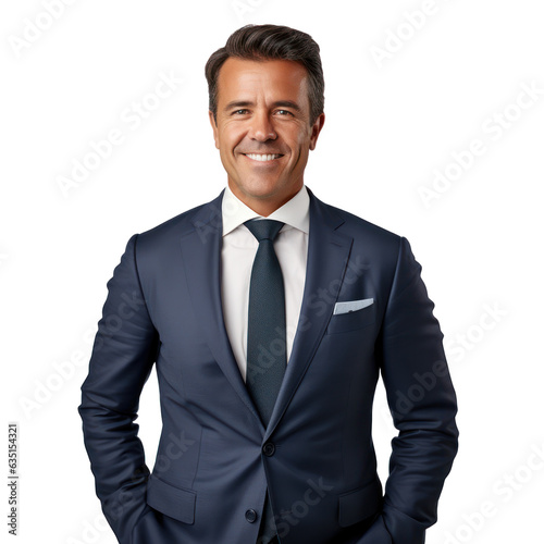 Business man portrait isolated on white transparent background, Latino businessman in suit and tie, crossed arms, PNG