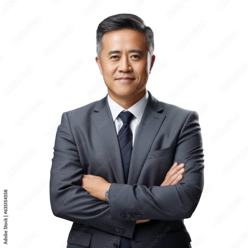 Business man portrait isolated on white transparent background, Asian businessman in suit and tie, crossed arms, PNG Business man portrait isolated on white transparent background, Asian businessman in suit and tie, crossed arms, PNG