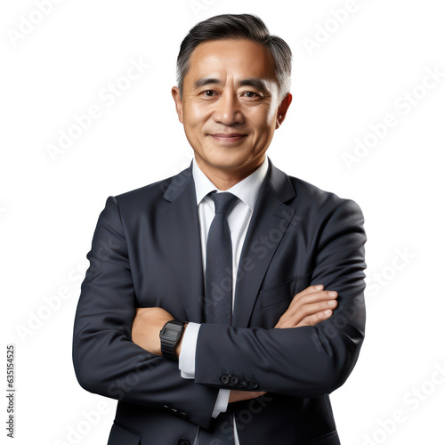 Business man portrait isolated on white transparent background, Asian businessman in suit and tie, crossed arms, PNG