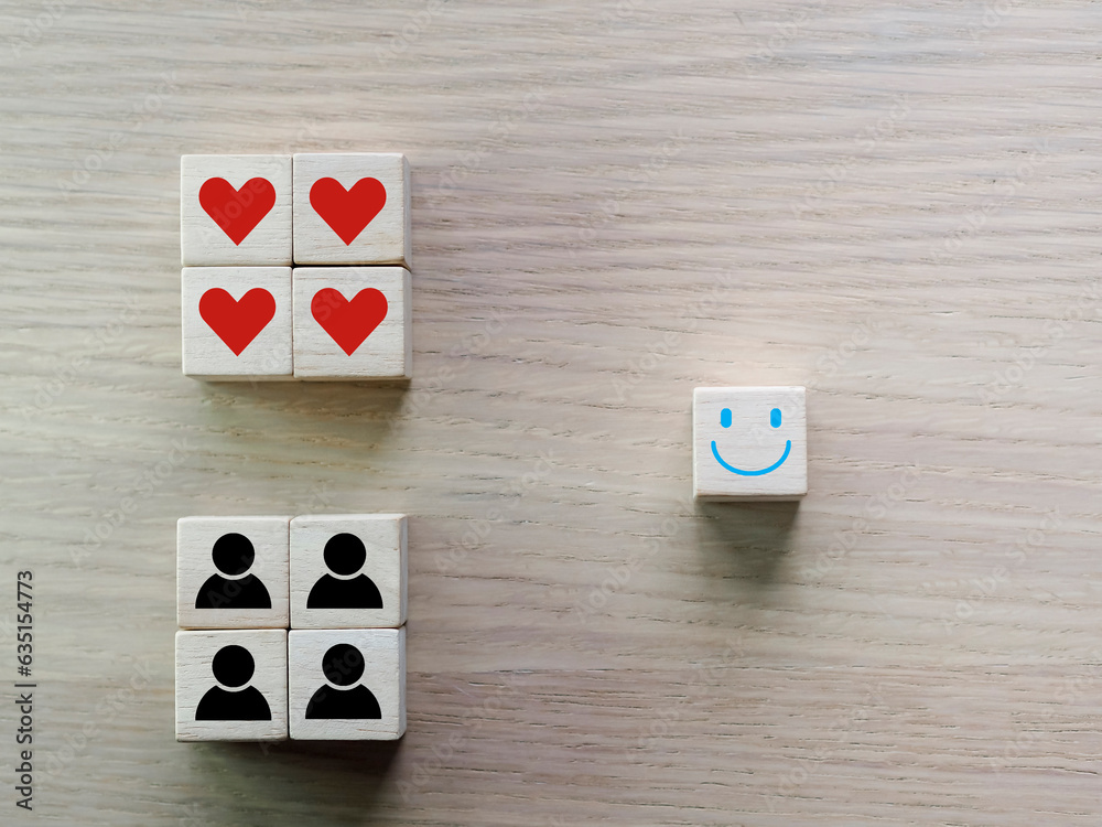 Happy smiling faces on wooden blocks customer relationship strategy Provide excellent service build trust foster long-term relationships build business alliances customer satisfaction