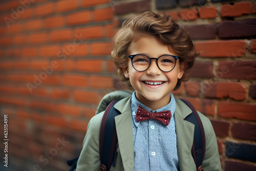 Funny little boy in glasses with backpack with brick wall background with copyspace. Elementary school. Education. Generative AI