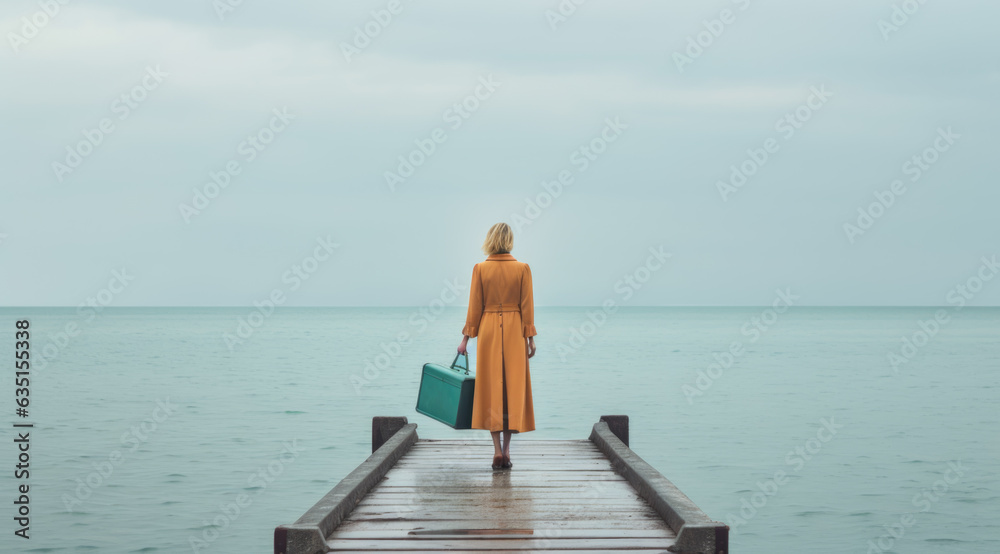 Frau mit Koffer am Meer
