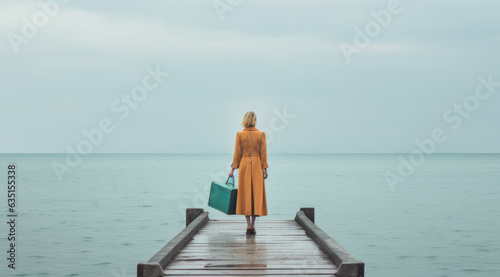 Frau mit Koffer am Meer