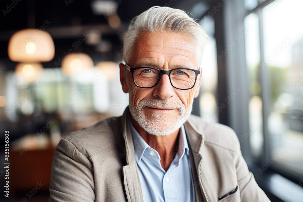 A stylish senior businessman with a beard and gray hair, exuding confidence and leadership.