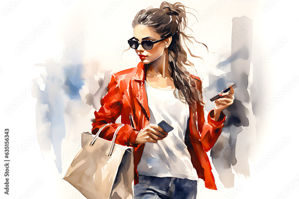 Watercolor painting of shopping woman - obrazy, fototapety, plakaty 