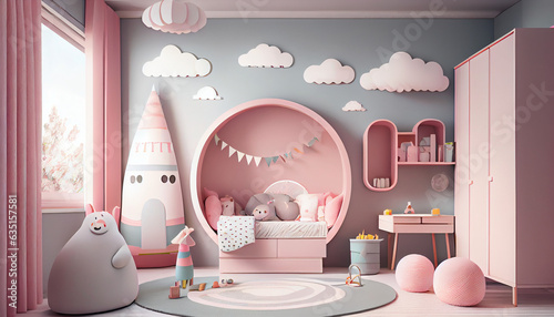 Children room mockup in rose touch, interior of a room with a window Ai generated image  