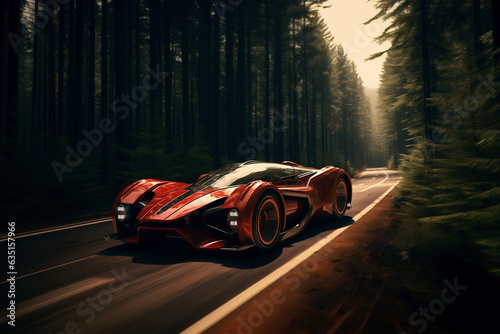 A futuristic red car on the road with forest. Fantastic car. AI Generated.