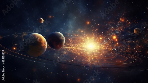 The sun illuminates the planets in space among the stars
