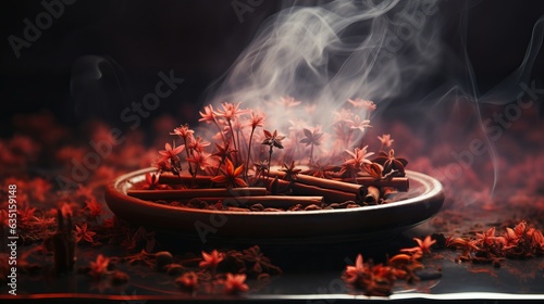Incense sticks on a stand burn with smoke, an expensive aroma in the house, decoration and aromatization of the room with cinnamon and cloves. copyspace. Concept: meditation and relaxation