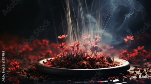 Incense sticks on a stand burn with smoke, an expensive aroma in the house, decoration and aromatization of the room with cinnamon and cloves. copyspace. Concept: meditation and relaxation