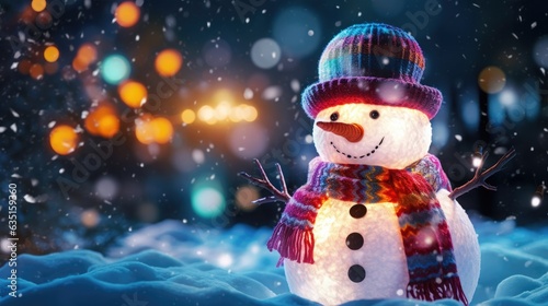 a horizontal layout of a snowman with a knitted scarf and hat with colorful Christmas lights in a Holiday-themed JPG format. generative ai