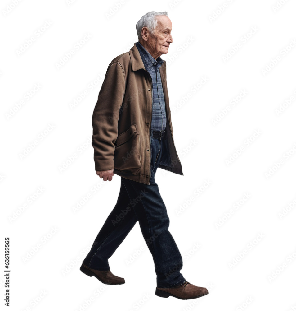 Elder man walking on transparent background. Generative AI. Elder man walking on transparent background. Generative AI.