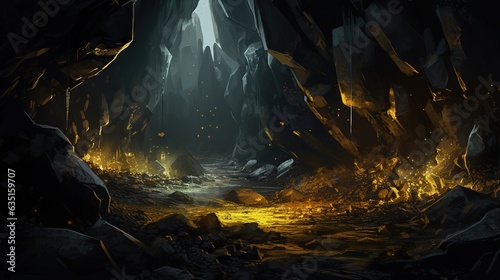 Underground cave with yellow crystals. night lighting