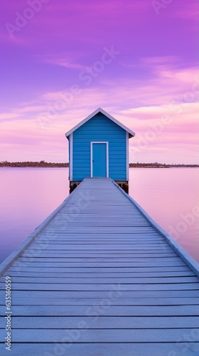 boathouse at the end of pier, purple home and lake concept, generative AI