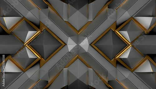 Fototapeta Naklejka Na Ścianę i Meble -  3D Grey Panels with Gold Decor Patination Elements, Seamless Geometric Texture Background