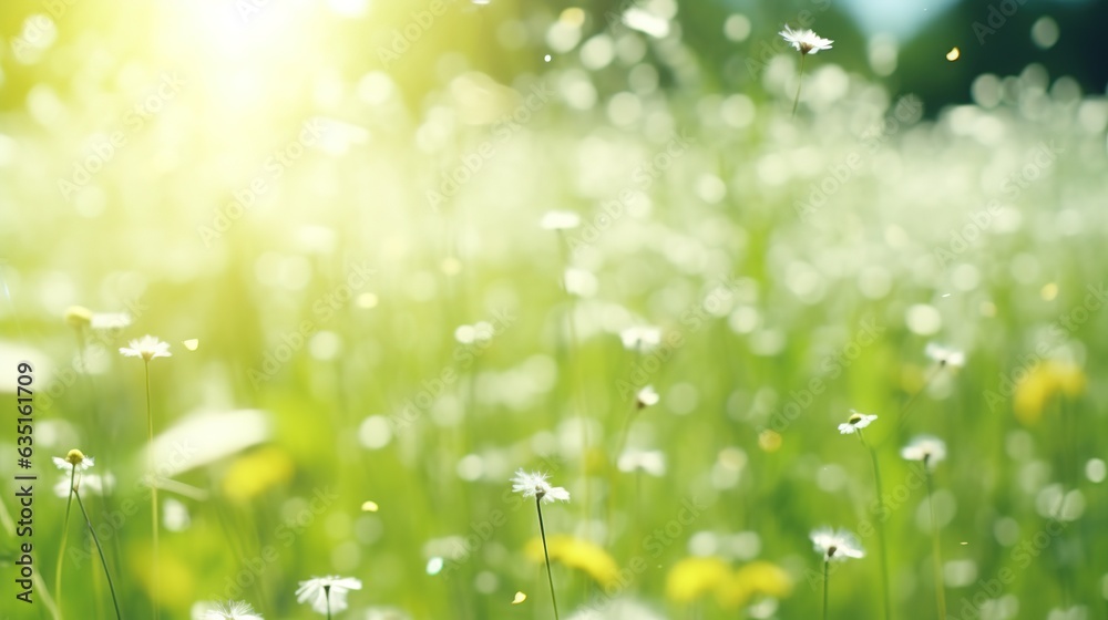 A bright and colorful meadow with green grass and flowers under the summer sun A bright and colorful meadow with green grass and flowers under the summer sun