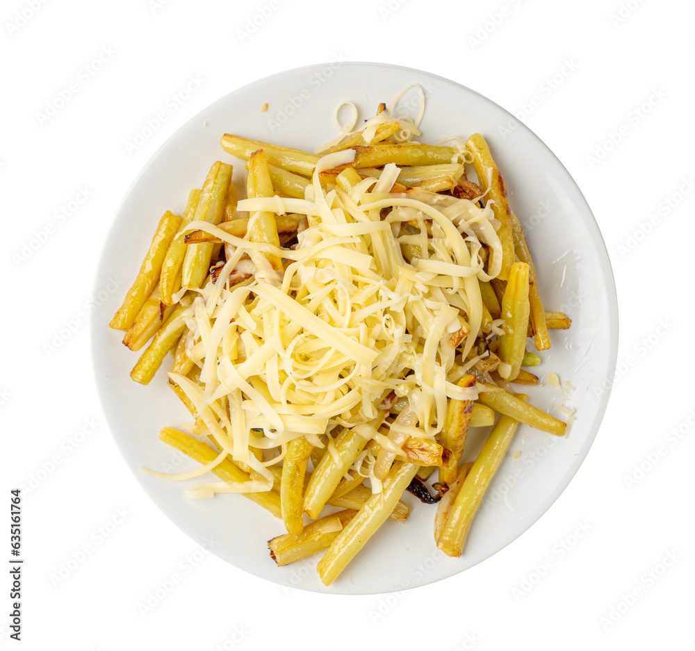 Fried French Beans, Cooked Yellow Pods with Grated Cheese, Healthy Diet Vegetables on White Background Fried French Beans, Cooked Yellow Pods with Grated Cheese, Healthy Diet Vegetables on White Background