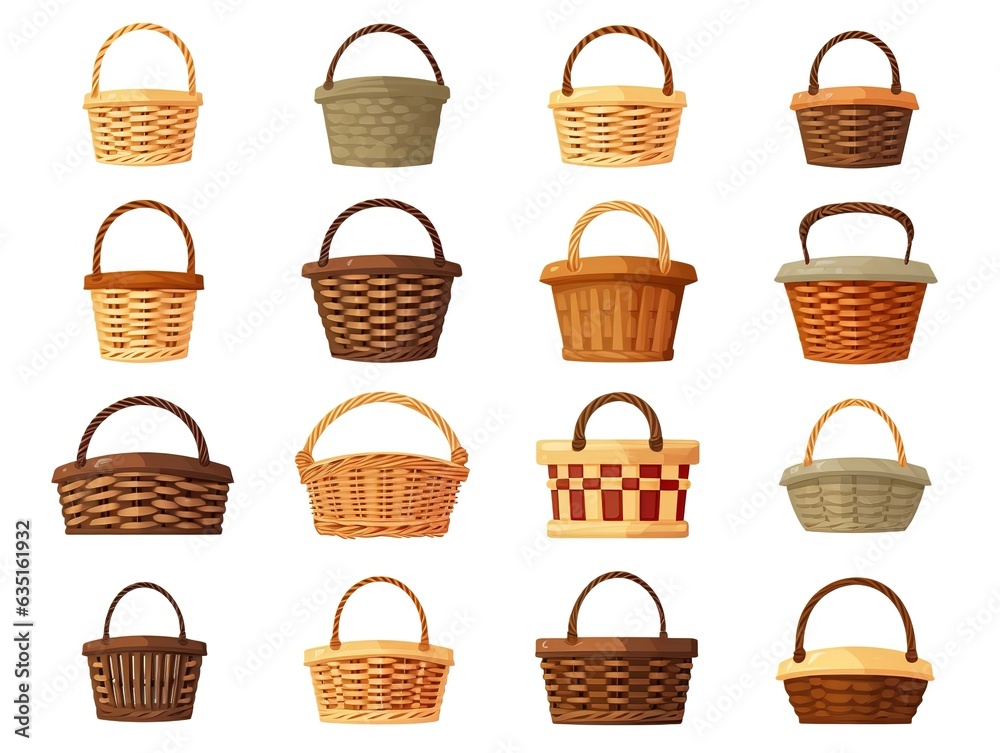 Woven wicker baskets set.Flat cartoon illustration isolated on white background Woven wicker baskets set.Flat cartoon illustration isolated on white background