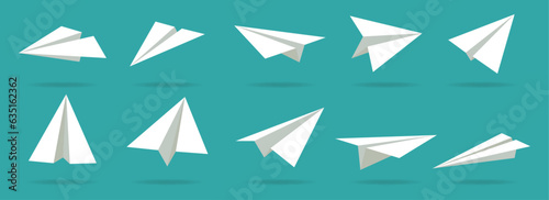 White paper airplanes - Blue sky cartoon - Editable  vector illustration set - White aircrafts - Different views and angles - Fly - Toy plane - 