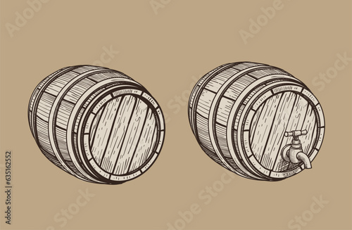 Vector hand drawing wood barrel. Sepia rerto label woodcut barrel for wine, beer, whiskey, cognac. Alcohol engraving illustration. photo