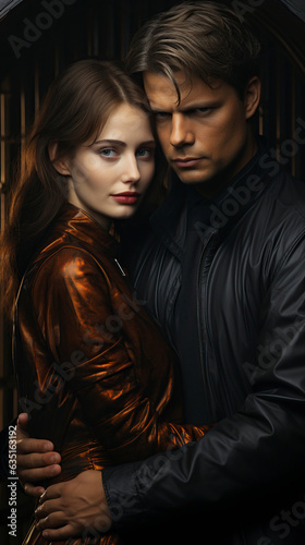Modern man and woman embrace each other. Book cover in dark color.