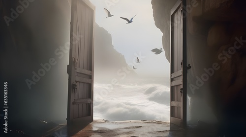 Fotografia Doorways appearing unexpectedly on a fog-shrouded cliff