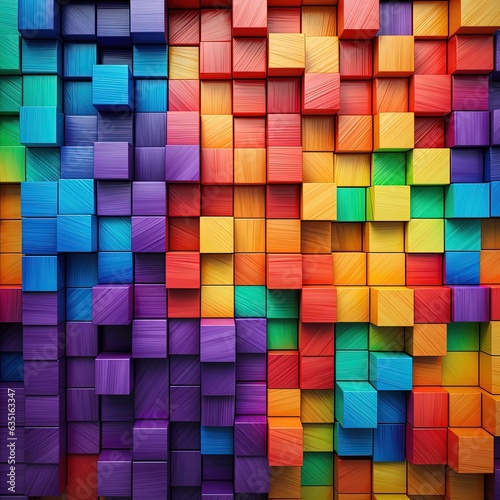 Rainbow abstract carved wood blocks background wallpapers. Colorful wooden cubes Pattern background.