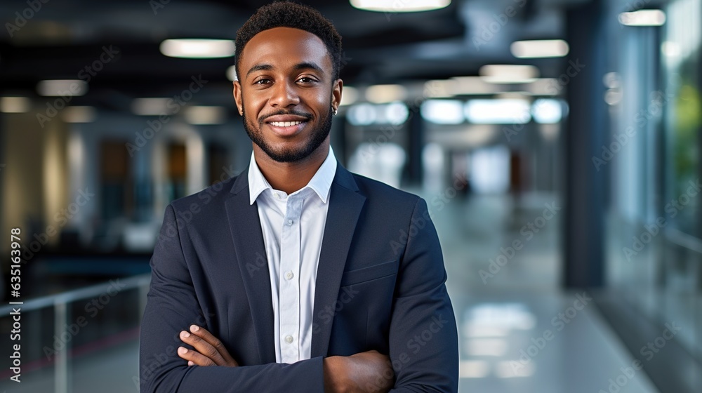 Naklejka premium Young professional African American business man standing in office. Confident businessman, relaxed male manager, company employee or entrepreneur at workplace. generative ai