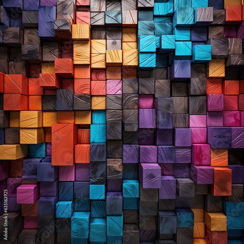 Colorful abstract background of wooden cubes of different sizes and colors. Colorful wooden cubes Pattern background.