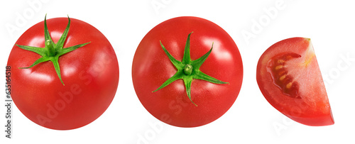 Collection of tomatoes on an isolated white background. Whole and sliced