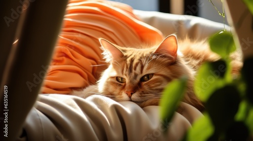 Ragdoll cat napping in sunbeam window patch. Generative AI © piai