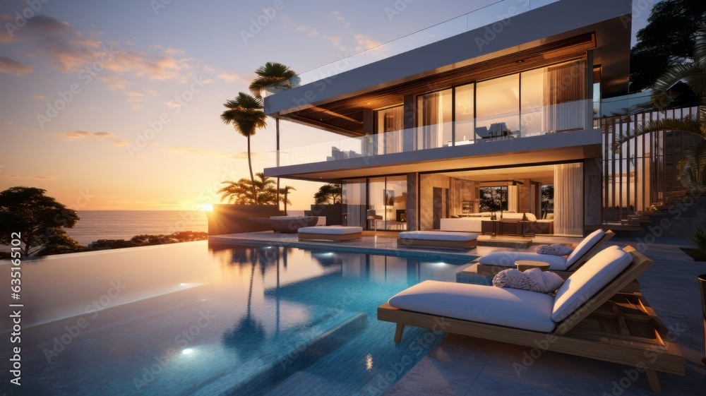 Fototapeta premium Luxury modern Pool villa House with swimming pool, Contemporary Residence, Real estate property, Travel and summer vacation, Tourist and relaxation, sunset and twilight time, Generative AI