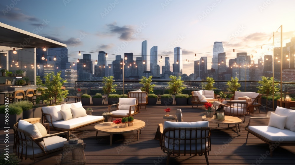 View of Modern restaurant on rooftop of luxury hotel or apartment at the sunset ...