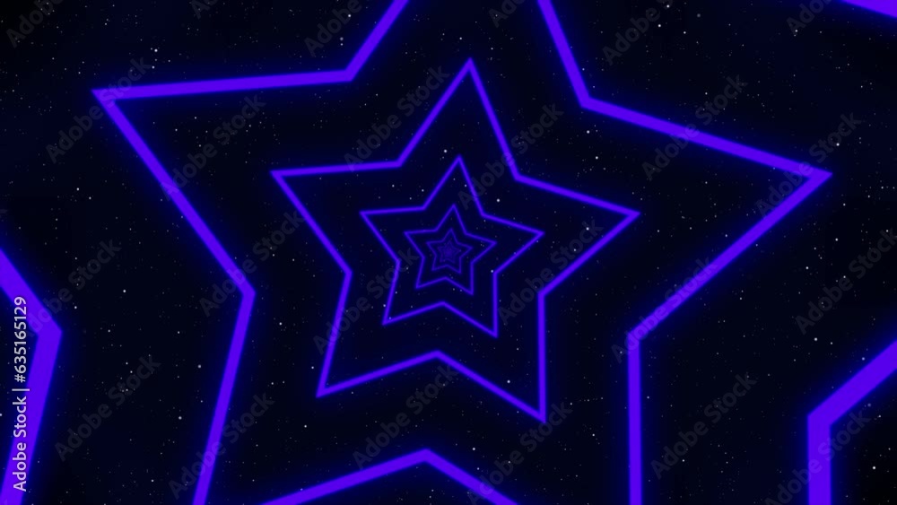 Bright glowing futuristic endless star shape tunnel in the Universe. Shiny stars forming a seamless tunnel, changing the color from blue to purple. Abstract cosmic background animation. Perfect loop.