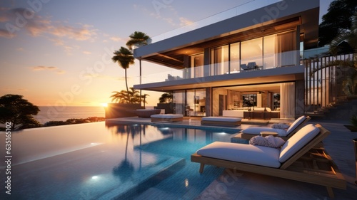 Luxury modern Pool villa House with swimming pool  Contemporary Residence  Real estate property  Travel and summer vacation  Tourist and relaxation  sunset and twilight time  Generative AI