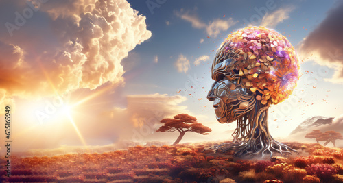 Metaphorical intellect is a surreal brain landscape representing the future of human knowledge and mental growth. This concept merges science and inspiration, symbolizing positive mental health 