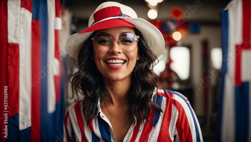 A woman in a patriotic striped shirt